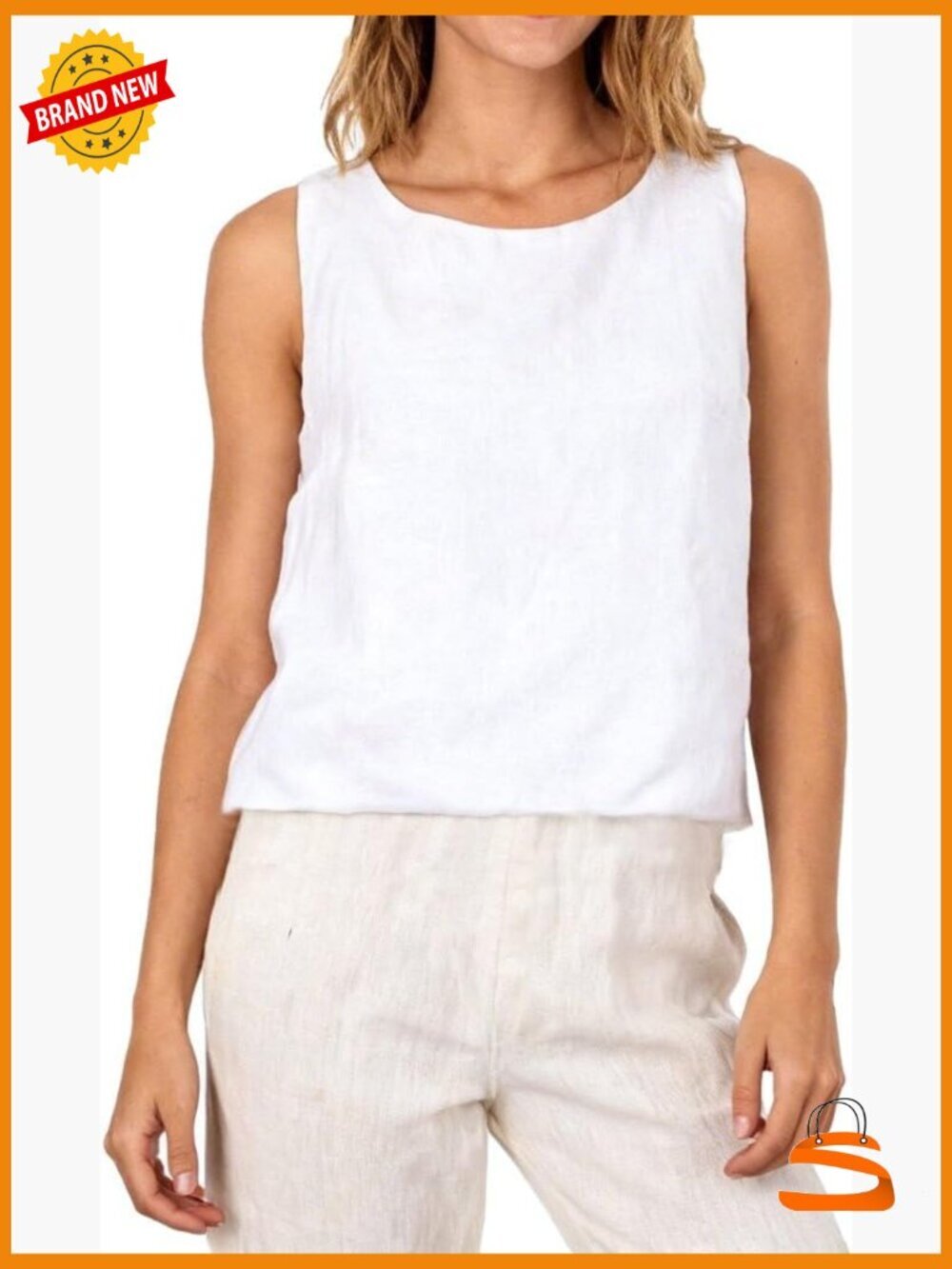 100% Linen Sleeveless Crewneck Cross Back Summer Blouse